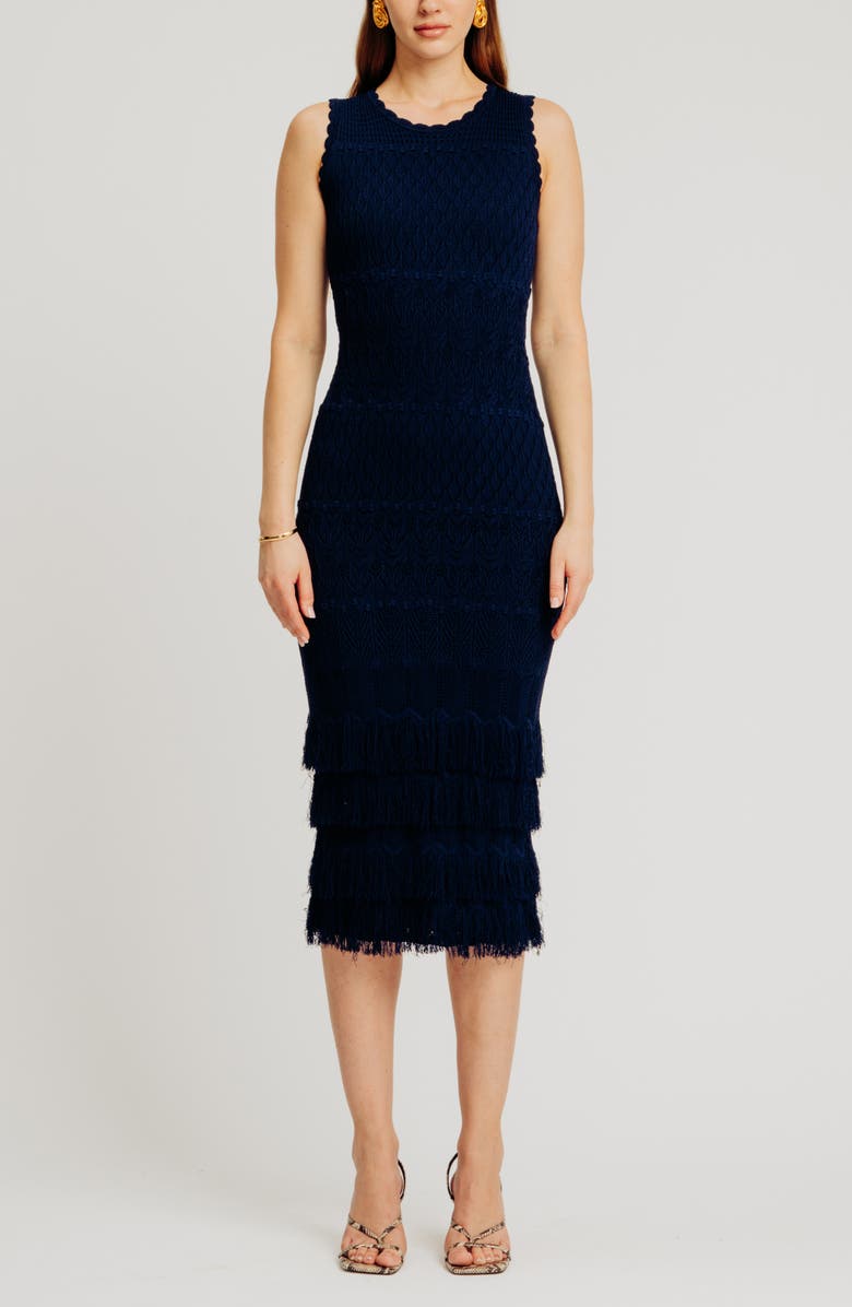 Torn by Ronny Kobo Ryan Sleeveless Fringe Midi Dress, Main, color, Navy