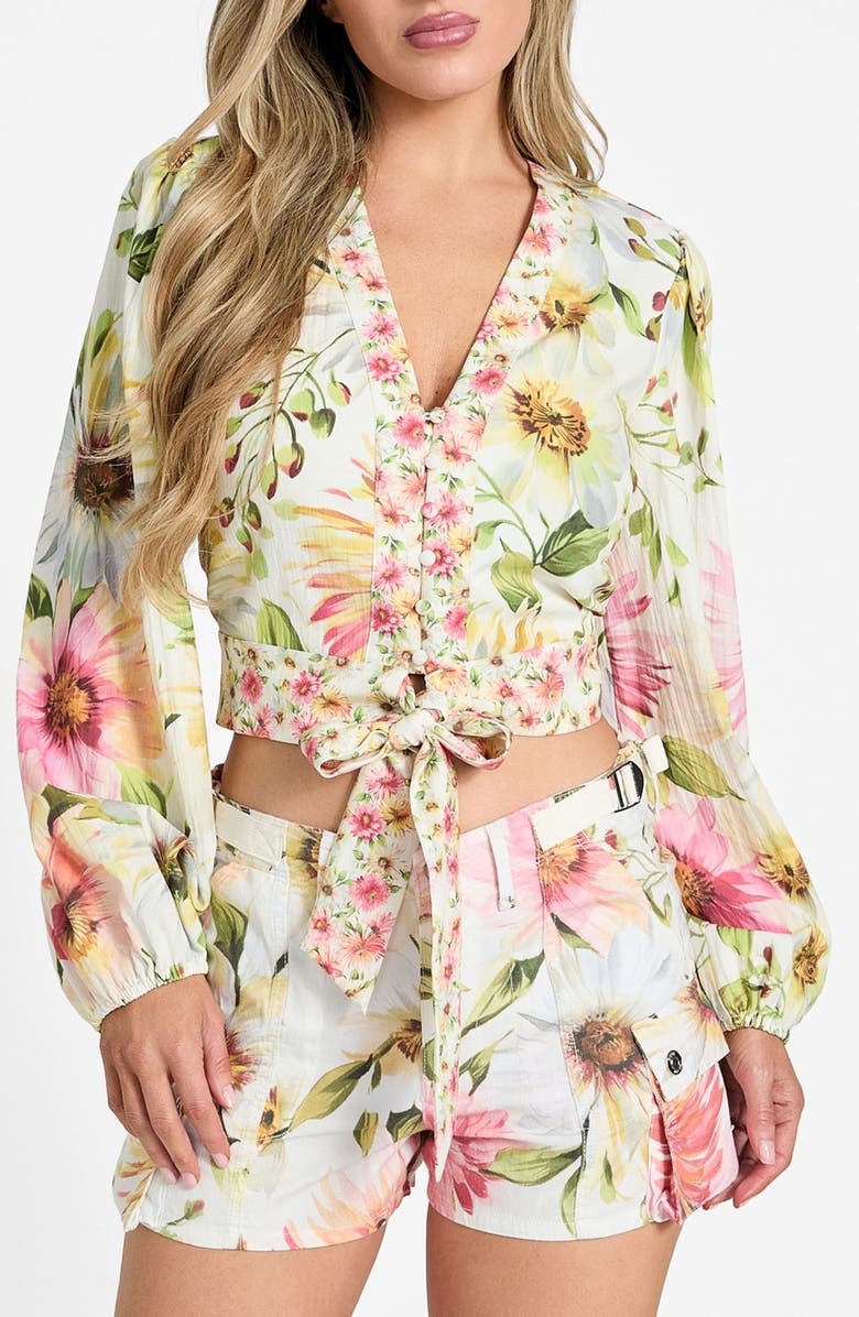GUESS Colette Floral Print Tie Front Crop Top, Main, color, 