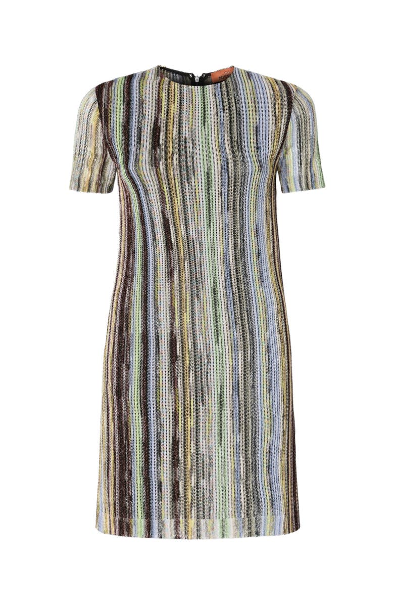 Missoni Short-sleeved Mini-dress In Striped Lamé Slub Viscose, Alternate, color, Green Multi