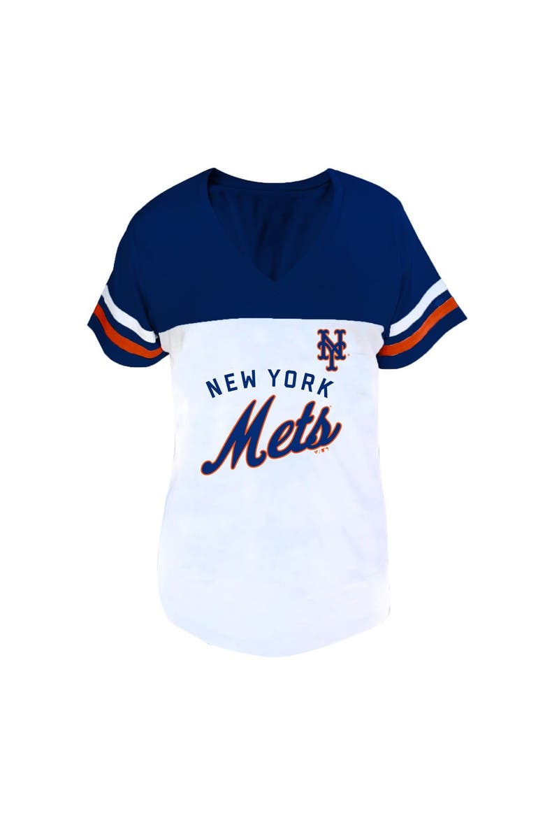 Women's Profile White/Royal New York Mets Plus Size Two-Stripe V-Neck T-Shirt, Main, color, White