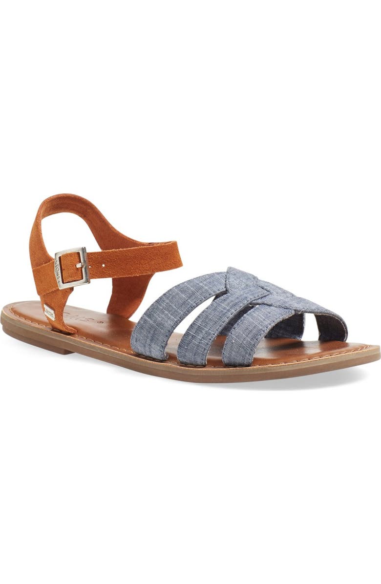 TOMS 'Zoe' Chambray Flat Quarter Strap Sandal, Main, color,