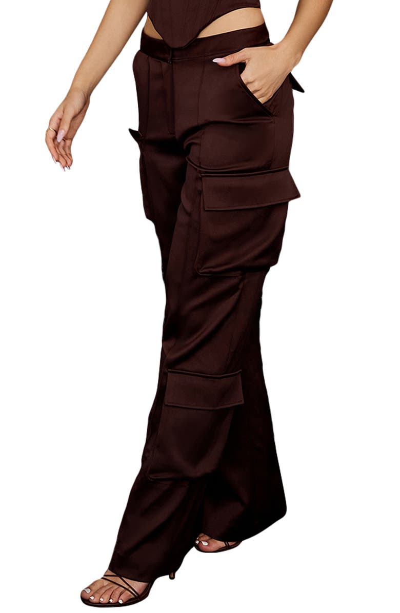 HOUSE OF CB Daria Satin Cargo Trousers, Alternate, color, Chocolate