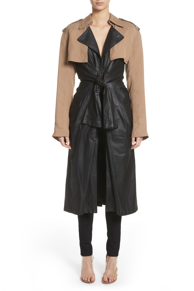 Tie Front Leather & Twill Trench Coat, Main, color, BLACK