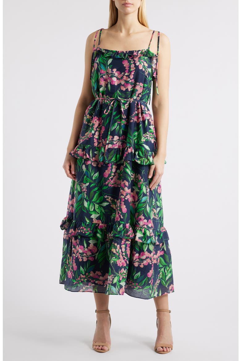 Tie Strap Tiered Maxi Dress, Main, color, NAVY MULTI