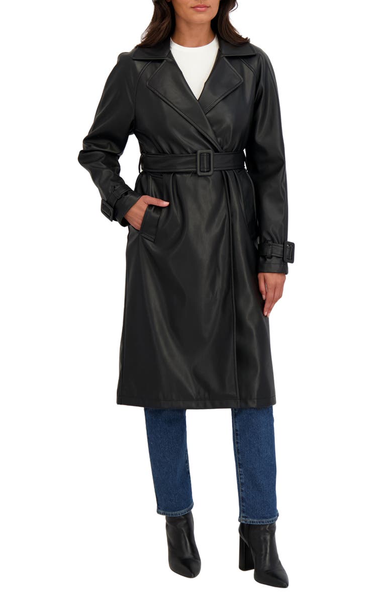 Sebby Faux Leather Trench Coat, Main, color, Black