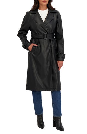 Sebby Faux Leather Trench Coat In Black