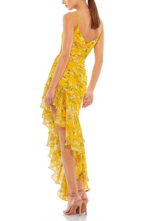 Shop Mac Duggal Floral Ruffle Asymmetrical Slit Gown In Yellow Multi