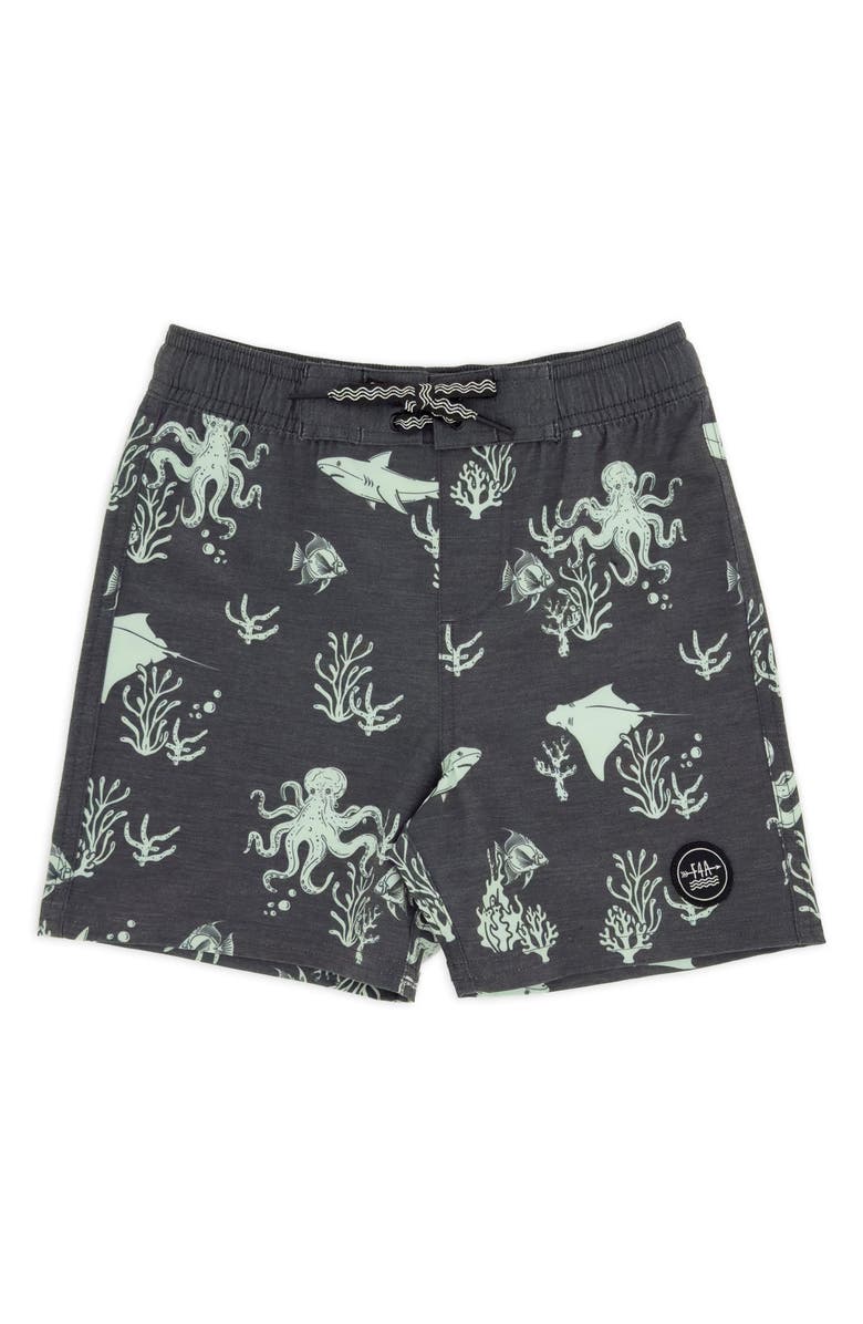 Feather 4 Arrow Kids' Classic Ocean Print Board Shorts, Main, color, Black Sand