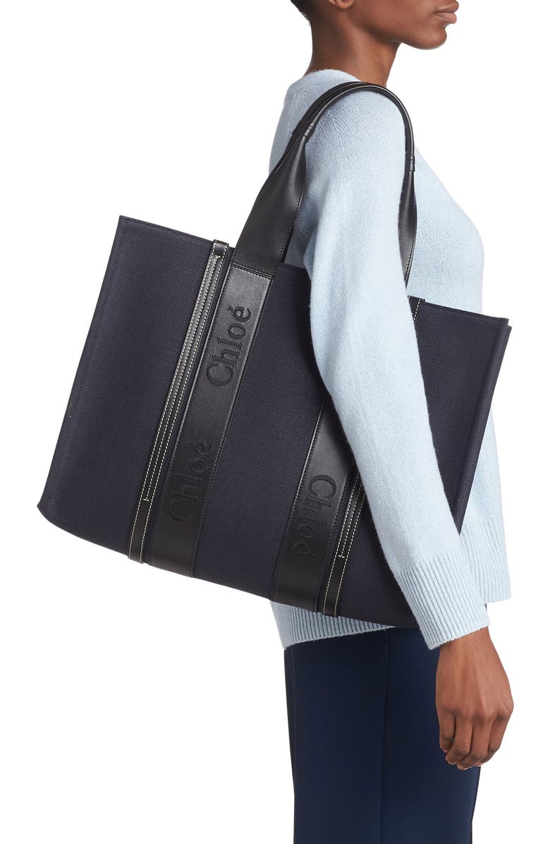 Chloé Large Woody Linen Canvas & Leather Tote, Alternate, color,