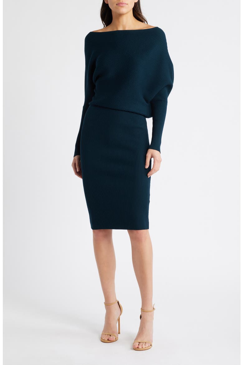 Lara One-Shoulder Rib Sweater Dress, Main, color, TEAL