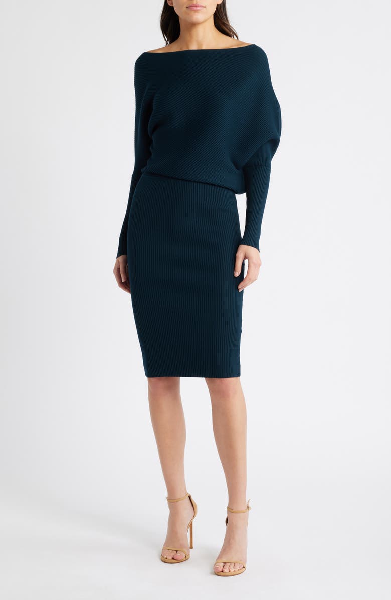 Reiss Lara One-Shoulder Rib Sweater Dress, Main, color, Teal