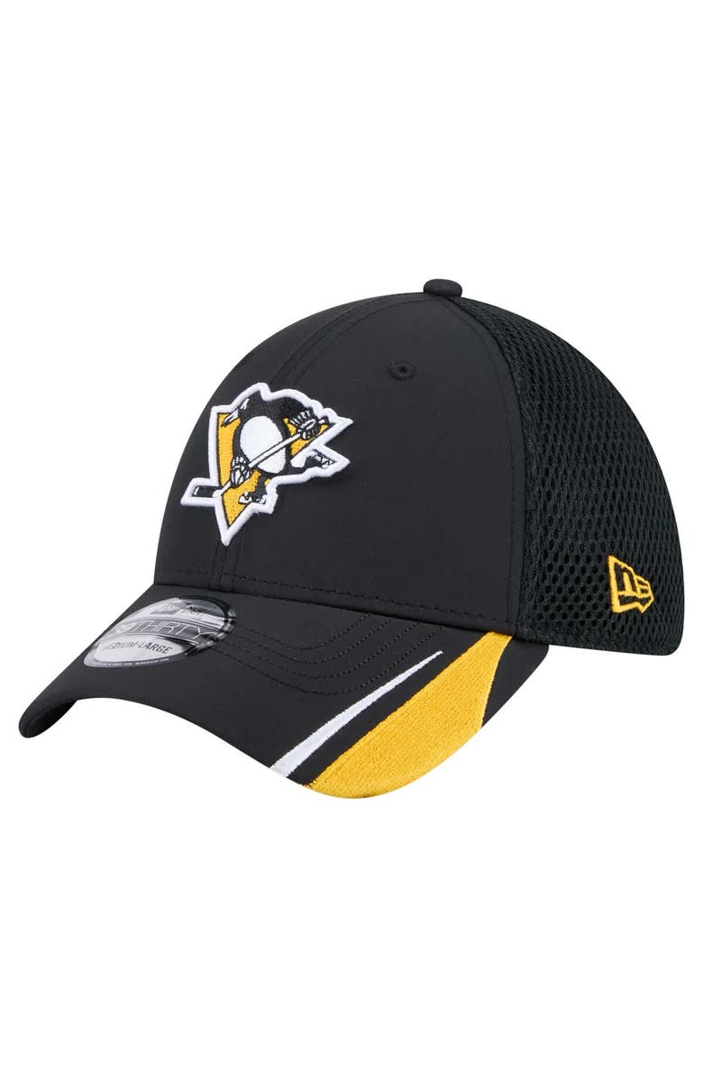 New Era Men's New Era  Black Pittsburgh Penguins Linear Featherweight 39THIRTY Flex Hat, Main, color, 