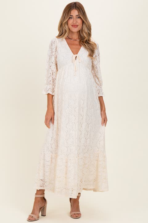 Floral Lace 3/4 Ruffle Sleeve V-neck Maxi Dress