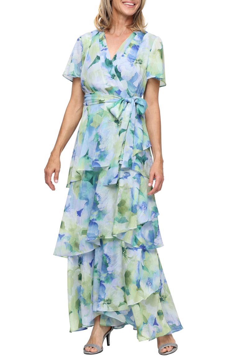 Floral Tiered Ruffle Gown, Main, color, BLUE/ MULTI