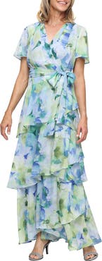 SL FASHIONS Floral Tiered Ruffle Gown