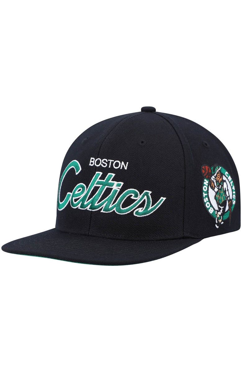 Mitchell & Ness Men's Mitchell & Ness Black Boston Celtics Hardwood Classics Script 2.0 Snapback Hat, Main, color, 