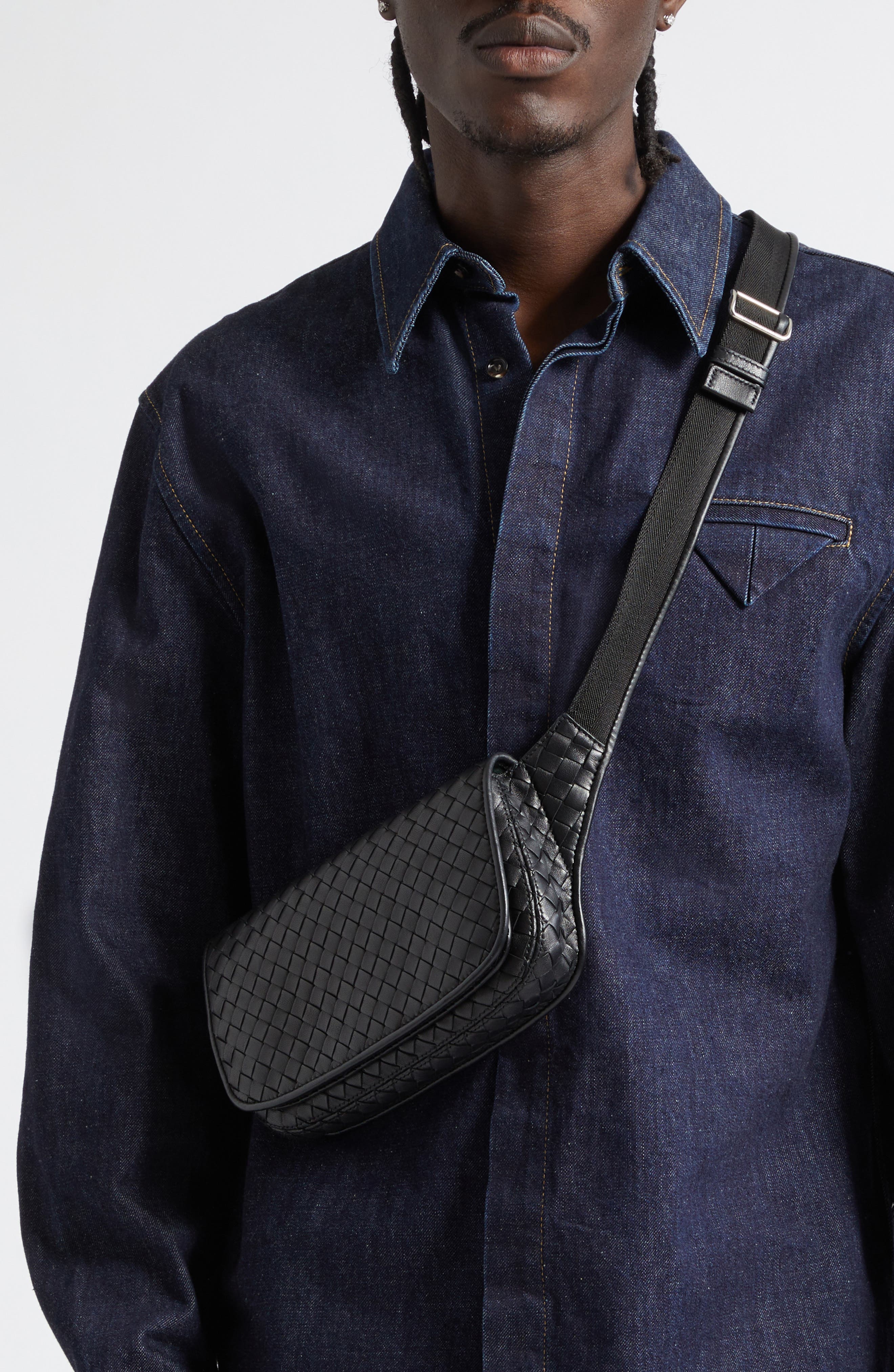 Bottega Veneta Veneto Intrecciato Leather Sling Bag, Alternate, color, Black-Vintage Silver