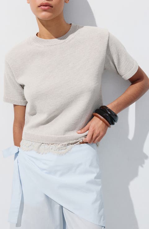 Lace Trim Short Sleeve Sweater