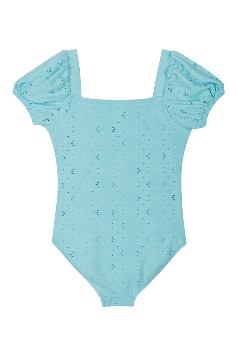 Kids' Embroidered Puff Sleeve One-PIece Swimsuit, Alternate, color, BLUE FLORAL