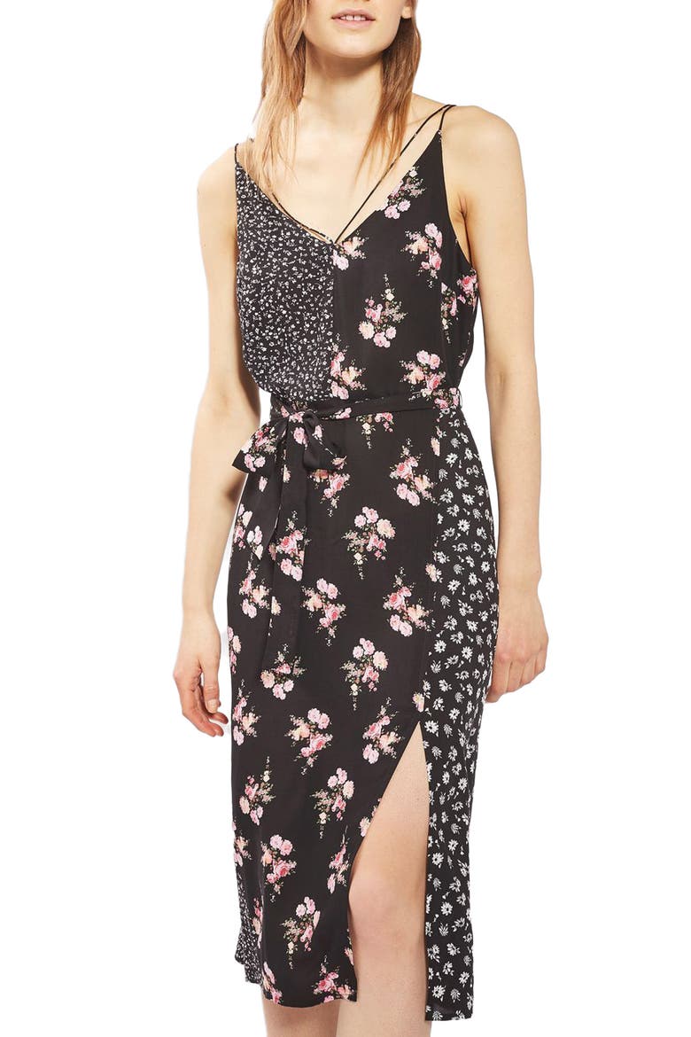 Patchwork Floral Midi Slipdress, Main, color, BLACK MULTI