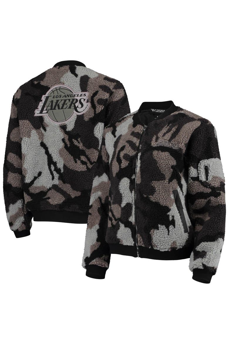 Women's The Wild Collective Black Los Angeles Lakers Camo Sherpa Full-Zip Bomber Jacket, Main, color, Black