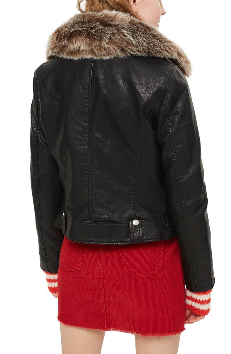 Topshop Rayne Faux Fur Trim Biker Jacket, Alternate, color, 