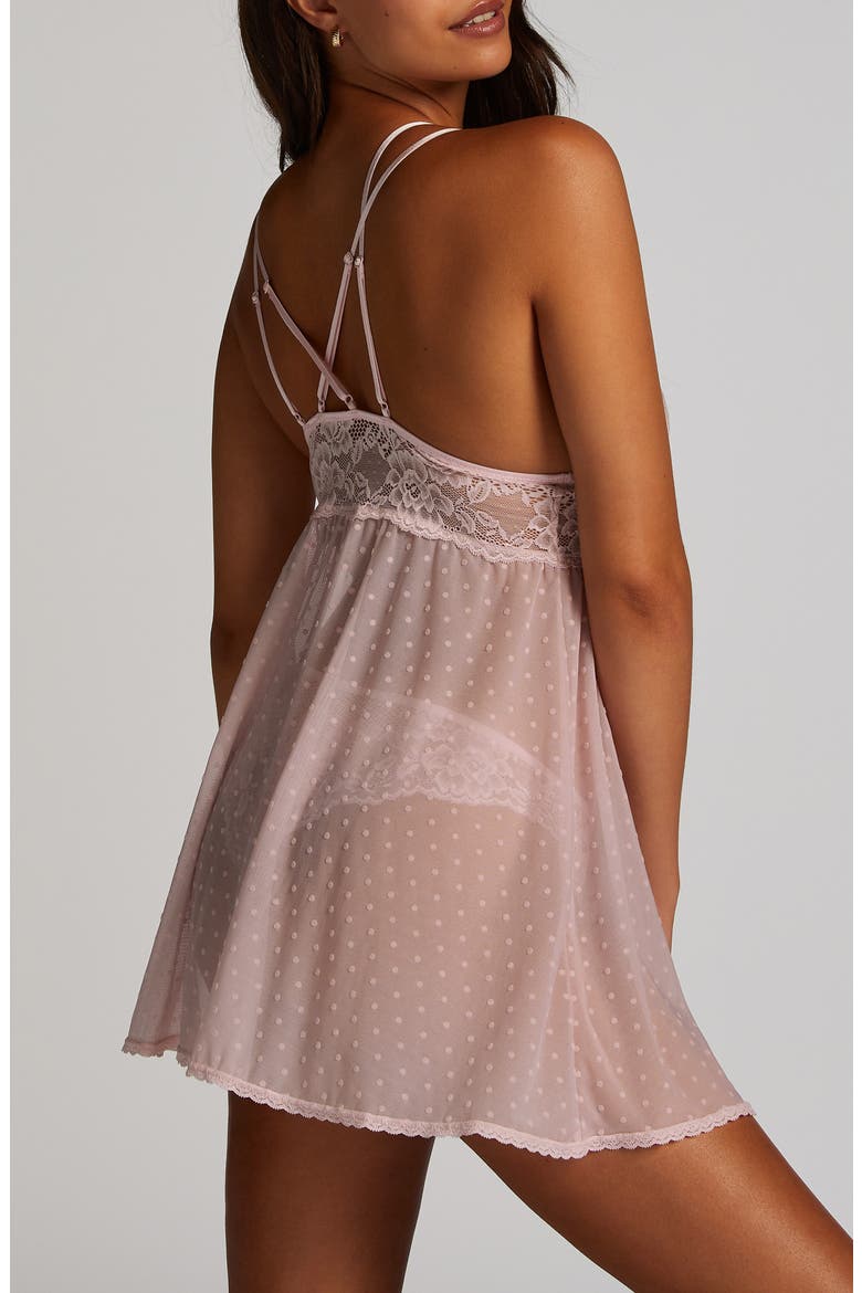 Beatriz Lace Trim Mesh Dot Babydoll Chemise, Alternate, color, PALE LILAC