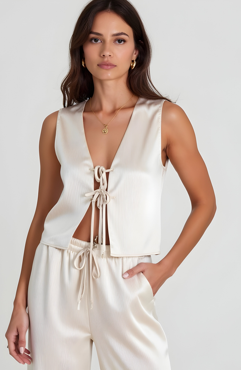 Modenaire Sleeveless Tie-Front Top and Wide-Leg Pant Set in Lustrous Finish, Alternate, color, 