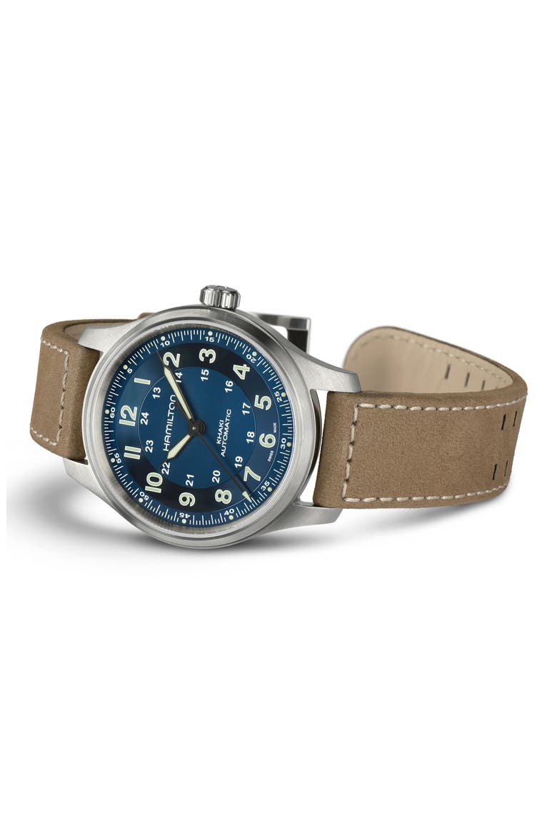 Khaki Field Titanium Automatic Leather Strap Watch, 42mm, Alternate, color, BLUE
