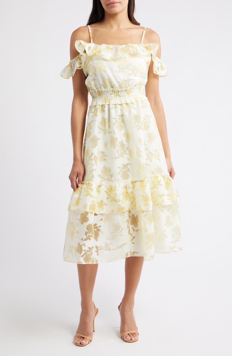 LAYERED WITH LOVE Off the Shoulder Ruffle Midi Dress, Main, color, Yellow Fade