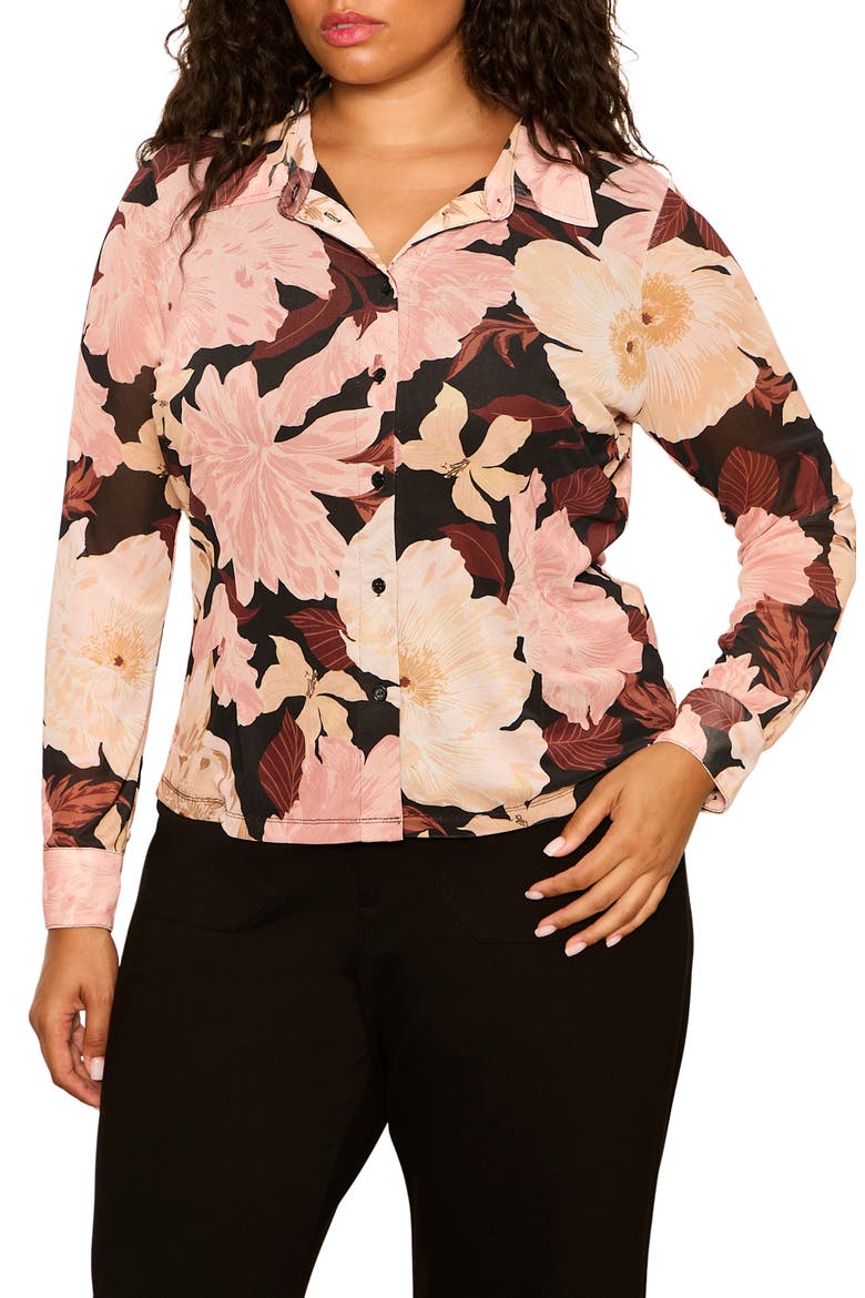 Fitted Mesh Button-Up Shirt, Main, color, WOODLAND FLORAL BROWN