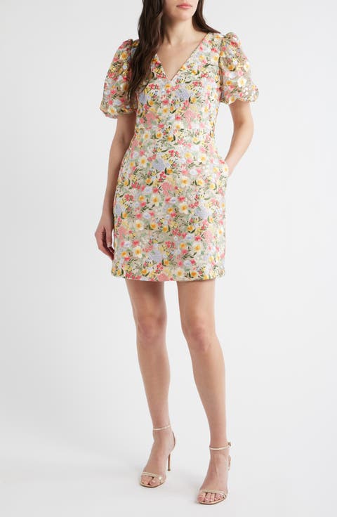 Embroidered Puff Sleeve Cocktail Dress