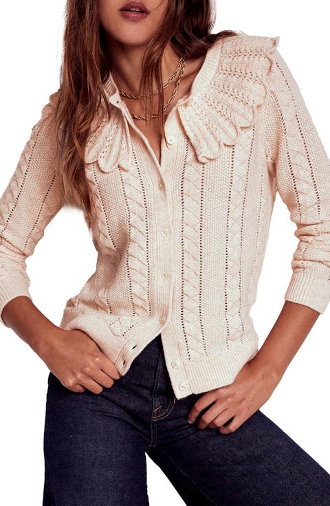 Scallop Collar Wool, Cotton & Alpaca Pointelle Cardigan