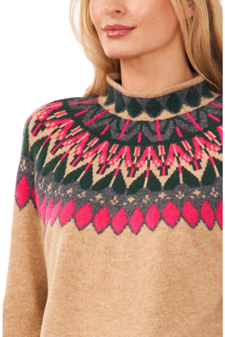 Fair Isle Funnel Neck Sweater, Alternate, color, LATTE HEATHER