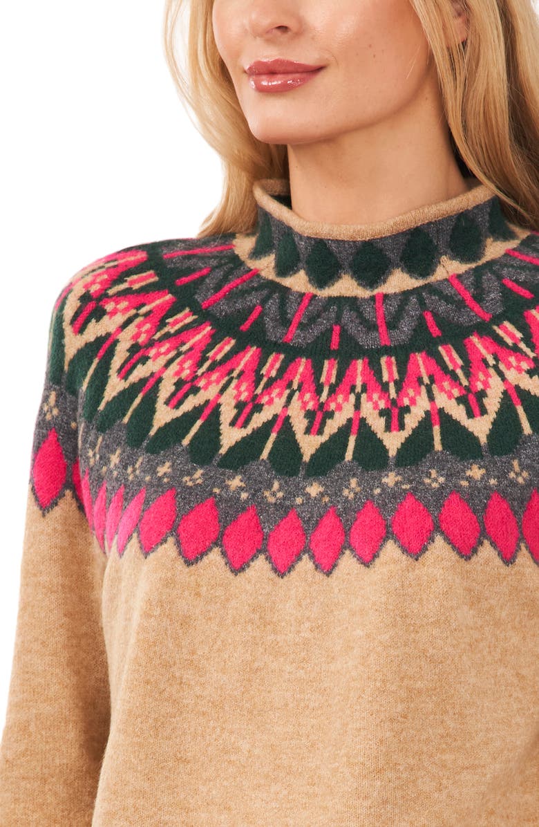 CeCe Fair Isle Funnel Neck Sweater, Alternate, color, Latte Heather