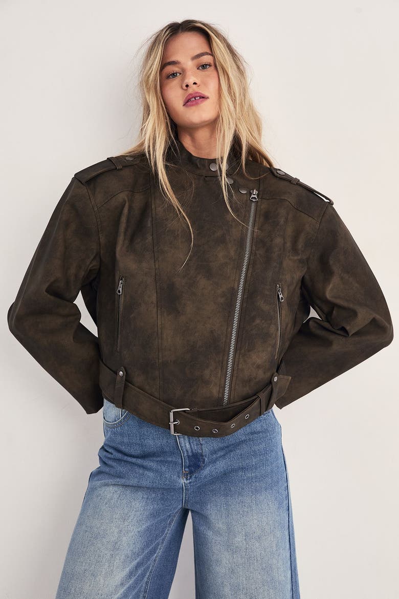 Cropped Biker Jacket, Alternate, color, Olive
