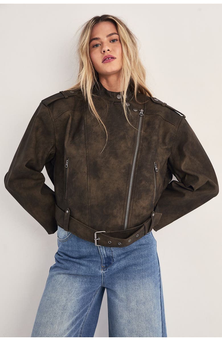 NASTY GAL Cropped Biker Jacket, Alternate, color, Olive