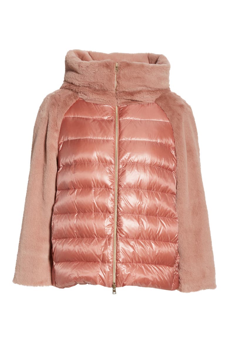 Quilted Down Nylon & Faux Fur Puffer Jacket, Alternate, color, PINK