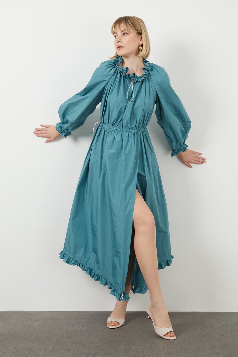 Turquoise Ruffle Neck Dress with Gathered Waist, Alternate, color, Green