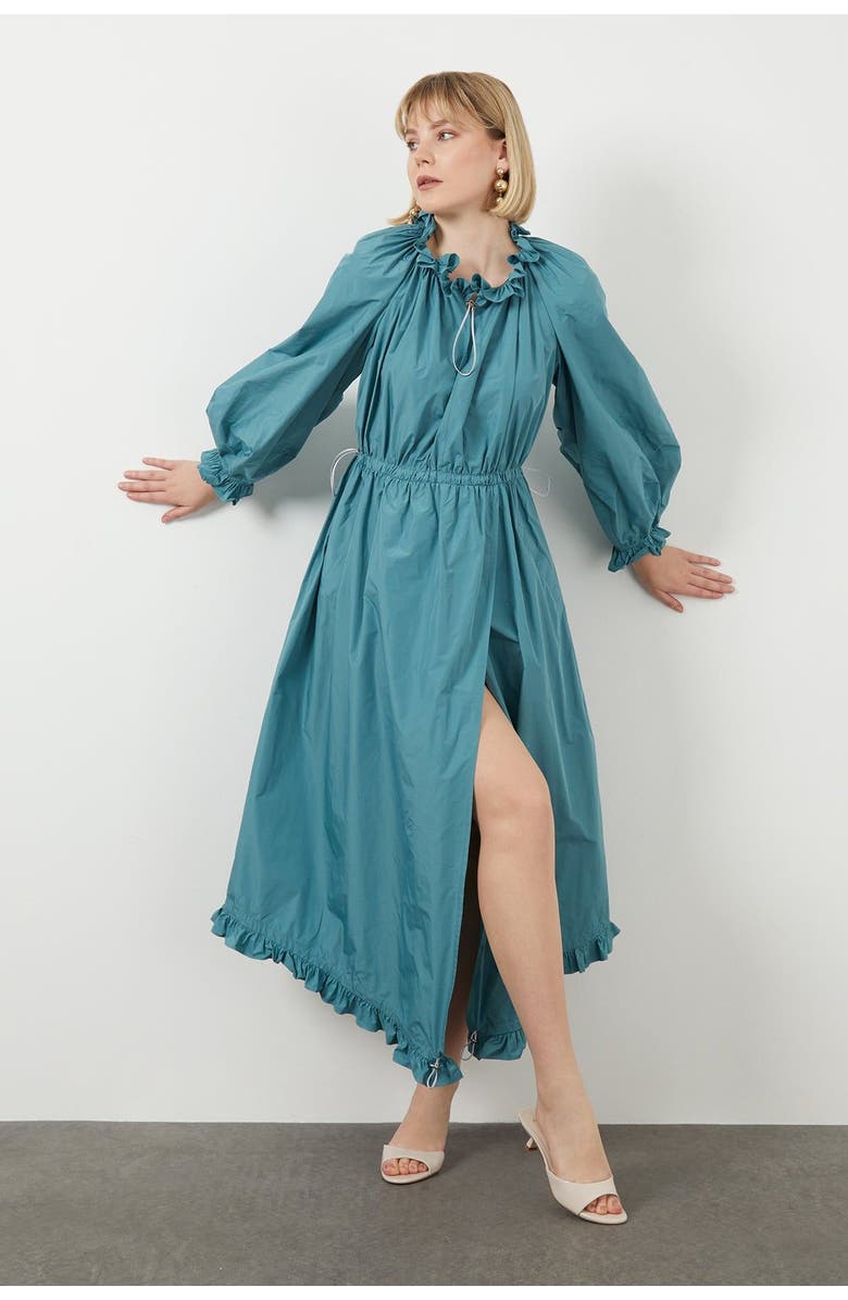 Gizia Turquoise Ruffle Neck Dress with Gathered Waist, Alternate, color, Green