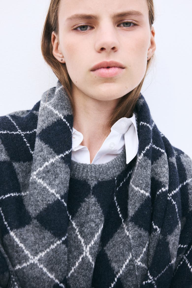 Scarf-Detail Sweater, Alternate, color, Dark gray/argyle