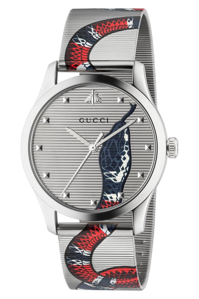 G-Timeless Snake Mesh Strap Watch, 38mm, Main, color, SILVER