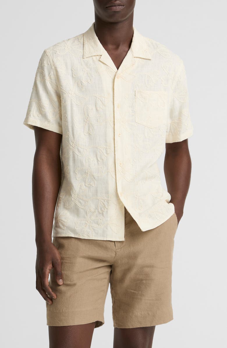 Vince Embroidered Floral Camp Shirt, Main, color, Blanco