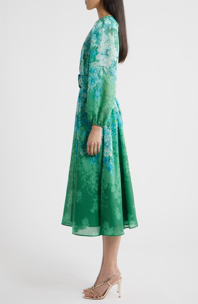 Tahari ASL Floral Belted Long Sleeve Dress, Alternate, color, Green