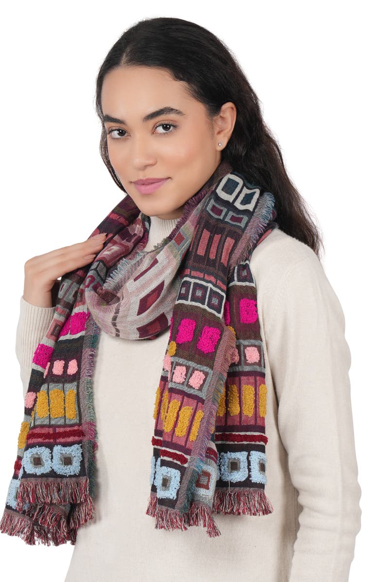 Vismaya Embroidered Cotton & Wool Fringe Scarf, Alternate, color, Wine