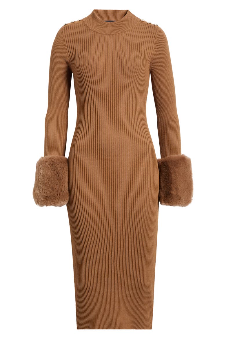 Savannah Faux Fur Cuff Ribbed Sweater Dress, Alternate, color, SABLE