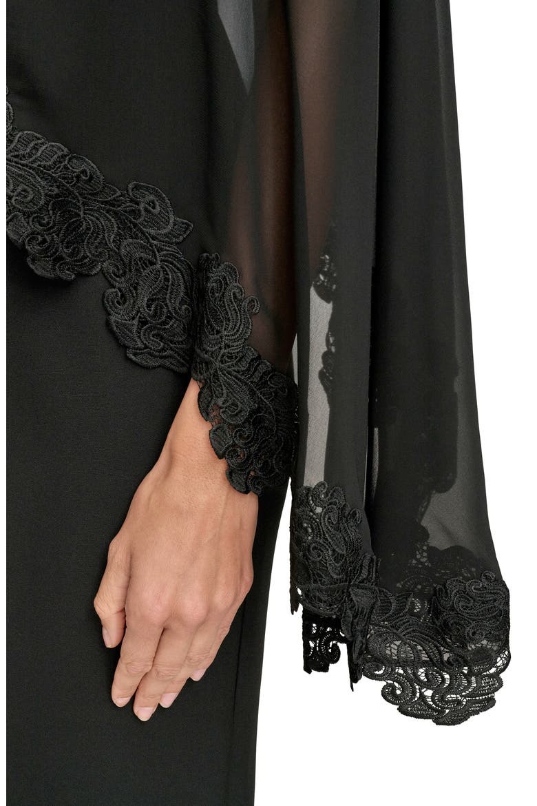 Lace Trim Chiffon Capelet Scuba Knit Cocktail Dress, Alternate, color, BLACK