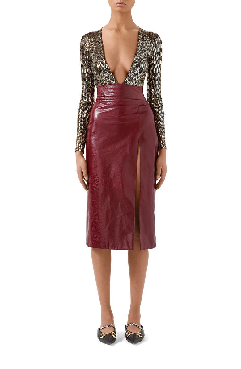 Gucci Front Slit Lambskin Leather Pencil Skirt, Alternate, color,