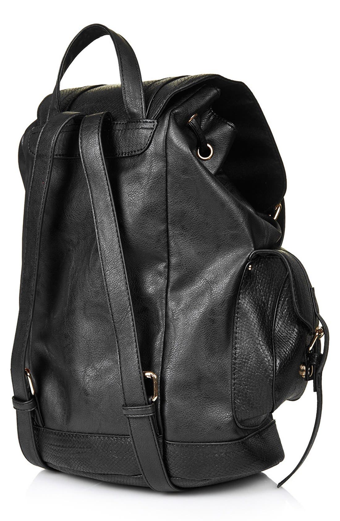 Snakeskin Pocket Faux Leather Backpack, Alternate, color, BLACK