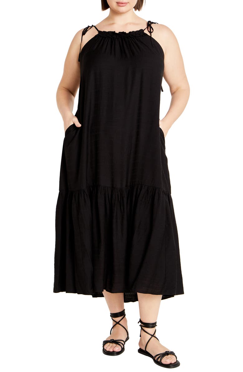 City Chic Erica Tiered Tie Strap High-Low Dress, Main, color, Black
